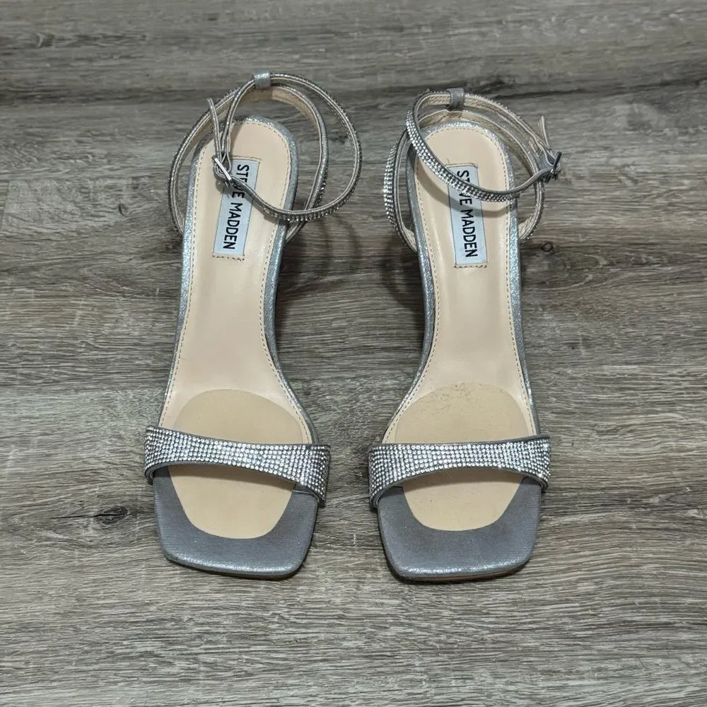 Steve Madden Silver Rhinestoned Ankle Strap Mid Height Heels